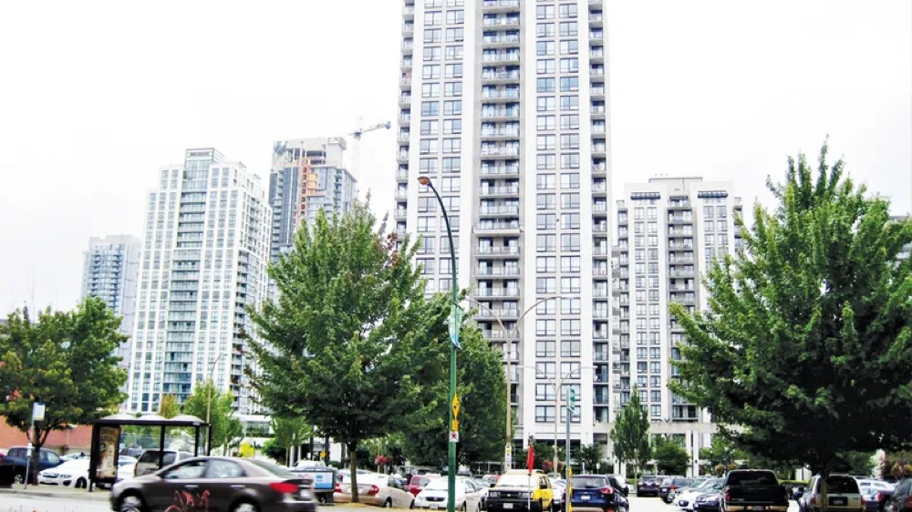 Residential towers and streetscape in Coquitlam, British Columbia