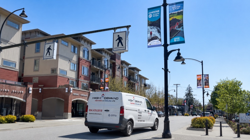 High Demand Heating service van in downtown Maple Ridge, British Columbia
