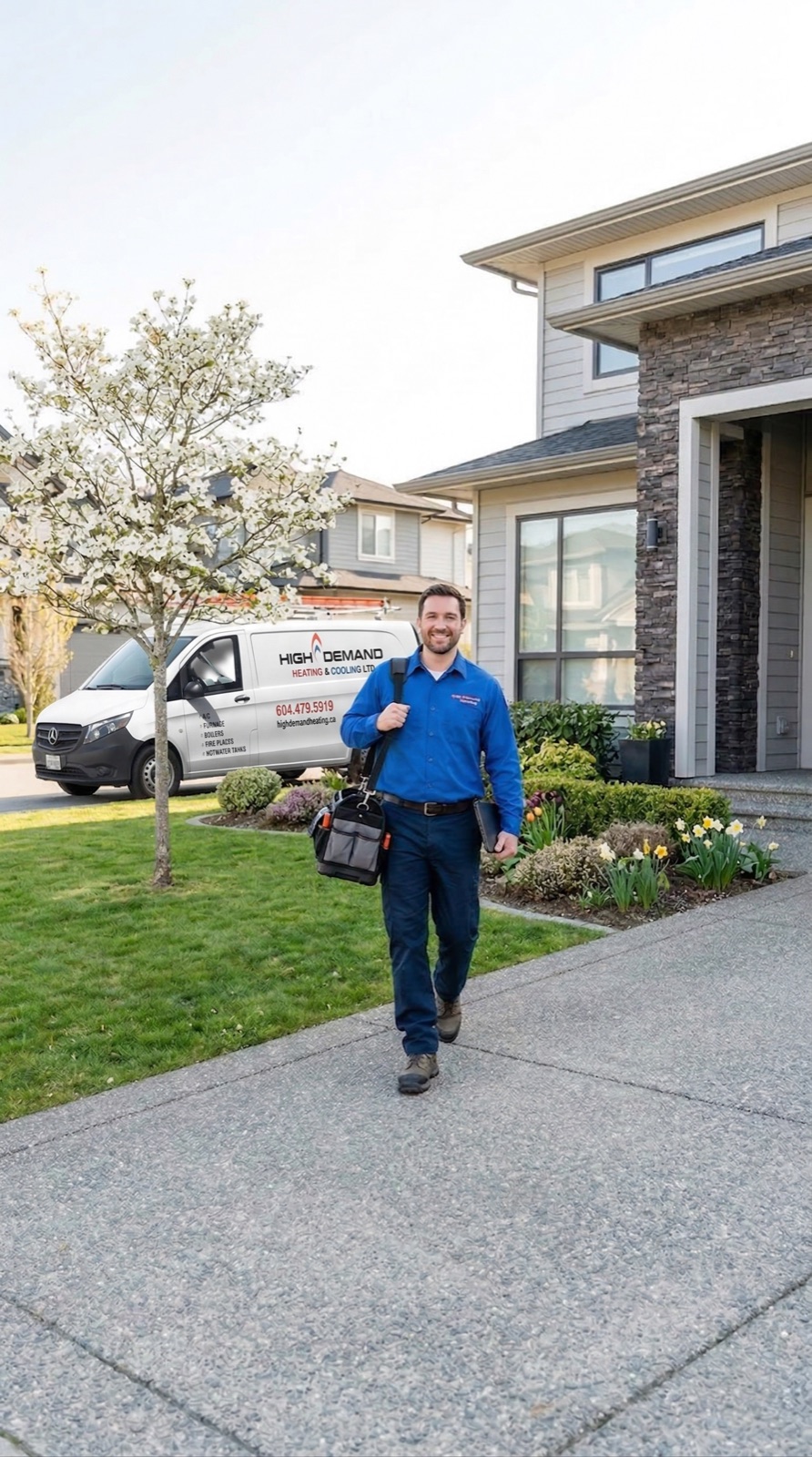 High Demand Heating technician beside a branded HVAC service van at a residential property